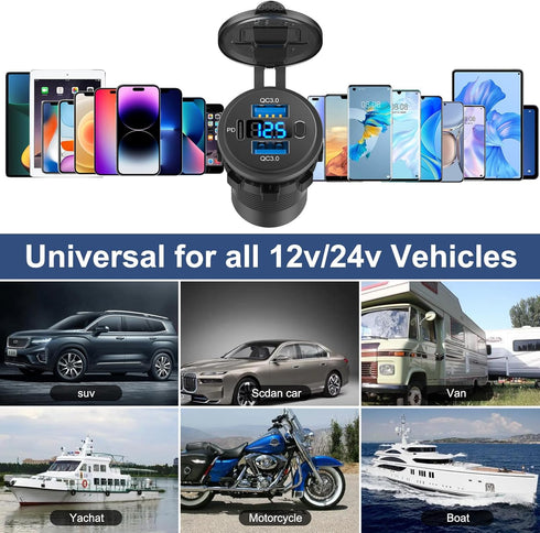 12 Volt USB Outlet Dual Quick Charge 3.0 Port and PD3.0 USB C Car Battery Chargers Socket, Waterproof 12V Power Outlet Cigarette Lighter Replaceme...