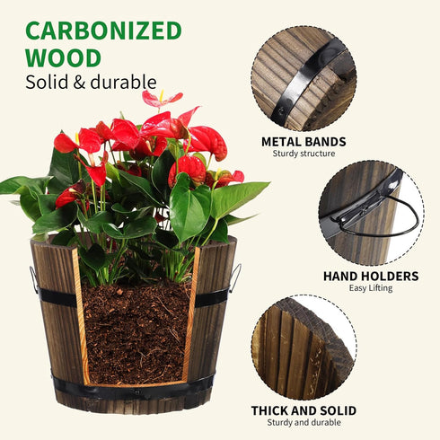 Healeved Wooden Whiskey Barrel Planter Garden Flower Pot Decor Plant Container Box Brown (Size 2)...