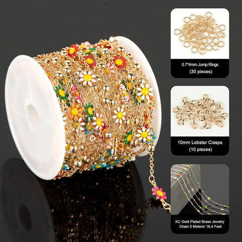 YOUBEIYEE 16.4 Feet Colorful Daisy Chain Necklace DIY for Women Gold Plated Brass Cross Chain with Bead Jewelry Chain Roll Jewelry Supplies Findin...