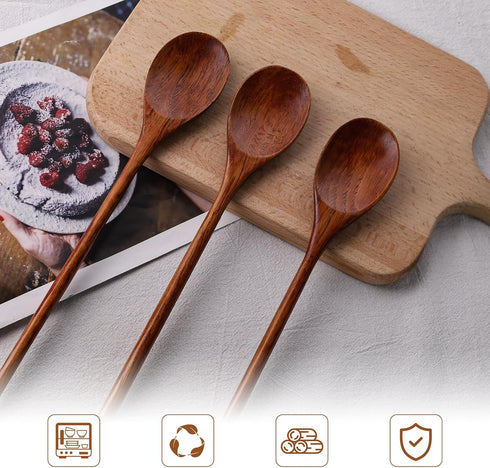 HANSGO 6PCS Long Handle Wooden Spoons, 10/12/14 Inch Wood Eating Spoons Japanese Style Cooking Utensil for Serving Mixing Stirring Dark Brown...