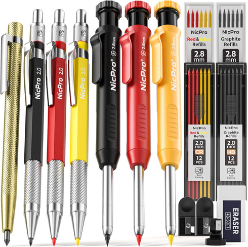 Nicpro 16 Pack Mechanical Carpenter Pencil Set with 42 Refill & Carbide Scribe Tool, Construction Pencils Heavy Duty Woodworking Pencils for Archi...