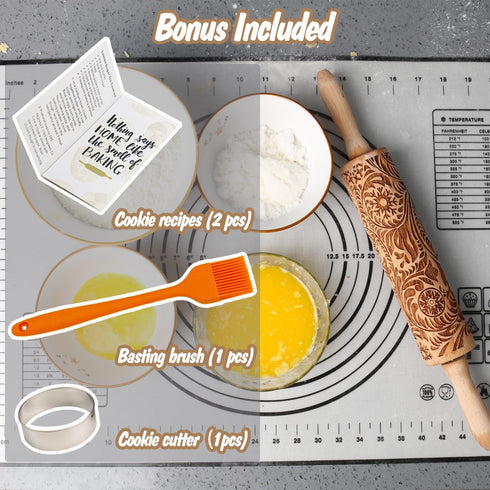 Embossed Rolling Pin for Baking, Cookie Embossing Rolling Pins with Flower Pattern Christmas Snowflake Paisley Wooden Engraved Dough Roller Clay P...
