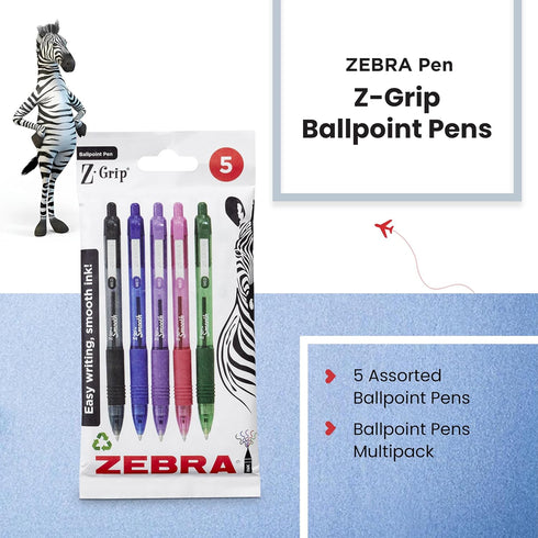 Zebra Pen Z Grip Smooth Multi- Coloured & Black Ballpoint Pens, Smooth & Comfortable Retractable Pens With Pocket Clip, Multipack Biro Pens - Medi...