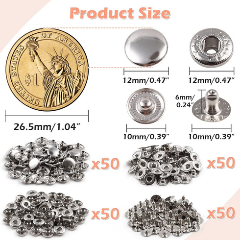 PECMER 200 Pieces Leather Snaps and Fasteners Kit 12.5 mm Silver Snap Buttons for Bracelets Sewing Clothes Leather Craft Jeans Wears Bags Jackets-...