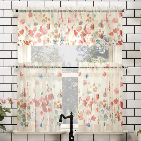 No. 918 Rosalind Watercolor Floral Semi-Sheer Rod Pocket Kitchen Curtain Valance and Tiers Set, 54" x 24", Poppy Red...