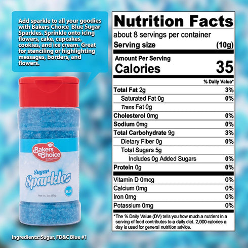 Bakers Choice Sparkling Blue Sugar Sprinkles For Ice Cream Toppings - Blue Sparkle Sugar Jimmies Sprinkles for Baking - Dairy Free, Kosher 3 oz....