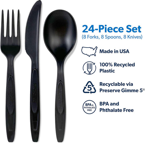 Preserve Recycled Plastic Cutlery Made in USA, 24 Count (8 Forks, 8 Knives, 8 Spoons), Black...