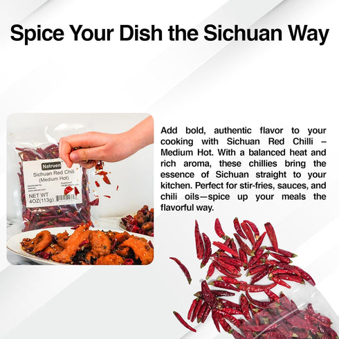 Natruen Whole Dry Szechuan Chinese Red Chili Pods 4 Oz (Medium Hot), Spicy Sichuan Dried Red Hot Chilies for Chili Oil, Paste, and Sauce...