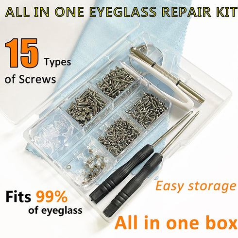 PTSLKHN Eyeglass Repair Kit with Screws, 15 Types Screws for Eyeglasses - Frame Screws, Hinge Screws, Nose Pads Screws - Essential Eye Glasses Rep...