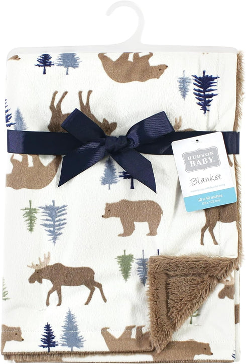 Hudson Baby Unisex Baby Plush Blanket with Furry Binding and Back, Moose Bear, One Size...