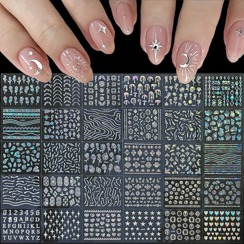 90 Sheets Silver Nail Art Stickers Holographic Laser Silver Nail Decals 3D Self Adhesive Nail Stickers for Nail Art Designs Star Line Flower Nail ...