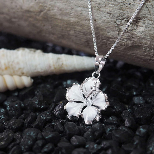 Sterling Silver 17mm Hibiscus Pendant Necklace, 16+2" Extender...