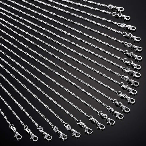 TecUnite 24 Pack Silver Plated Water Ripple Chain Necklace with Lobster Clasps and Velvet Storage Bag for DIY Jewelry Making, 1.5 mm (18 Inch)...