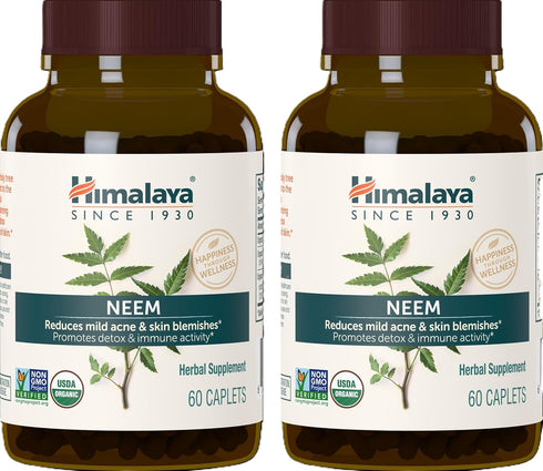 Himalaya Organic Neem Herbal Supplement, for Mild Acne & Clear Skin, Purifying, Ayurvedic, USDA Certified Organic, Non-GMO, Vegan, 600 mg, 60 Plan...