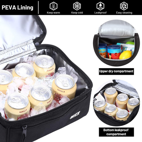 MIER 2 Compartment Lunch Bag for Men Women, Leakproof Insulated Cooler Bag for Work, Black...