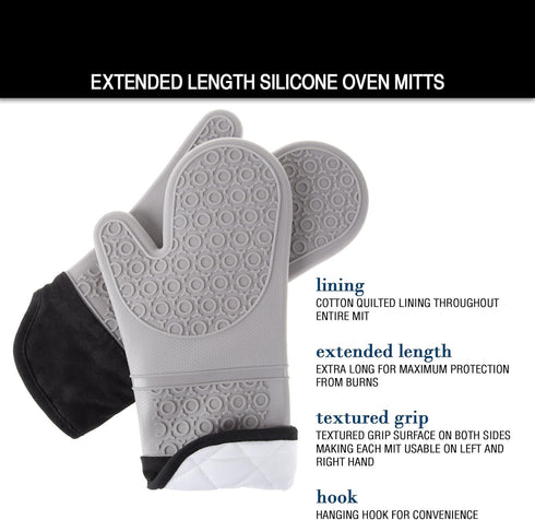Silicone Oven Mitts – Extra Long Professional Quality Heat Resistant with Quilted Lining and 2-sided Textured Grip – 1 pair Gray by Lavish Home...