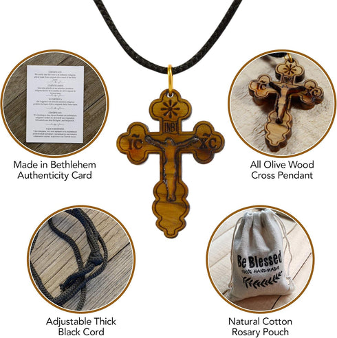 AUTHENTIC Bethlehem Olive Wood Eastern Cross Pendant in Natural Cotton Pouch with Christogram - Cross for Men & Women...