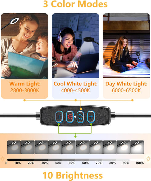 Clip on Desk Lamp with Clamp for Reading Home Office, 360° Ajustable Clip Light for Bed Headboard, Bedside or Desk with 10 Dimmable Brightness 3 E...