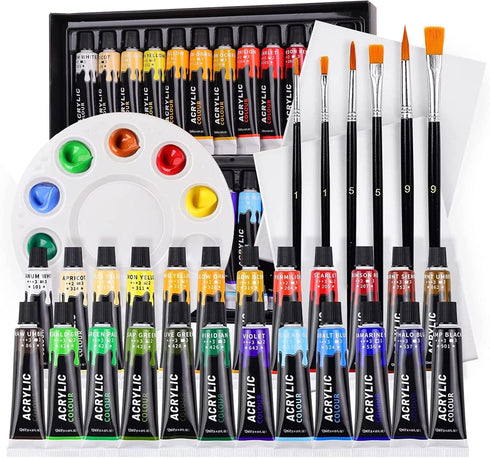 Acrylic Paints Set - 24 Colors Art Painting Kit Supplies for Wood, Canvas, Fabric, Rock, Glass - Non-Toxic Acrylic Paint for Kids, Beginners and A...