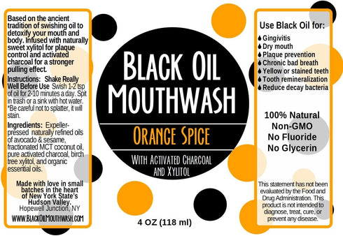 Black Oil Mouthwash, Sweet Orange Cinnamon Spice, Coconut + Sesame + Avocado Oil Super Blend, 4 oz, Activated Charcoal & Xylitol for Oil Pulling. ...