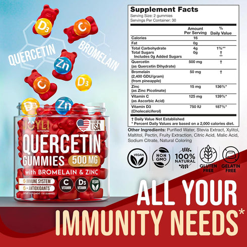 JOYLI Quercetin Gummies - Pure Quercetin with Bromelain Zinc Vitamin C & Vitamin D3 - Quercetin Supplement 500MG for Immune System & Allergy - Que...