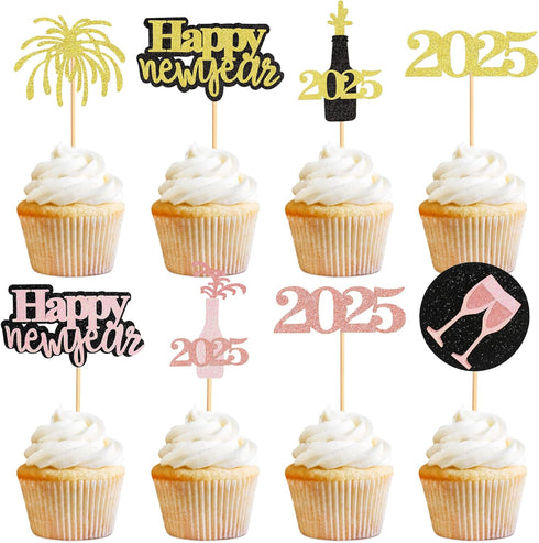 24 Pcs Glitter Rose Gold and Gold Happy New Year Cupcake Toppers 2025 Rose Gold,Gold and Black Cupcake topper Cheers to 2025 Cake Picks for New Ye...