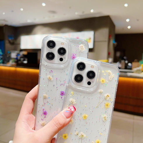 Compatible with iPhone 15 Plus Flower Case, Soft Clear Rubber Pressed Dry Real Flowers Case Girls Glitter Floral Cover Clear case with Flowers for...
