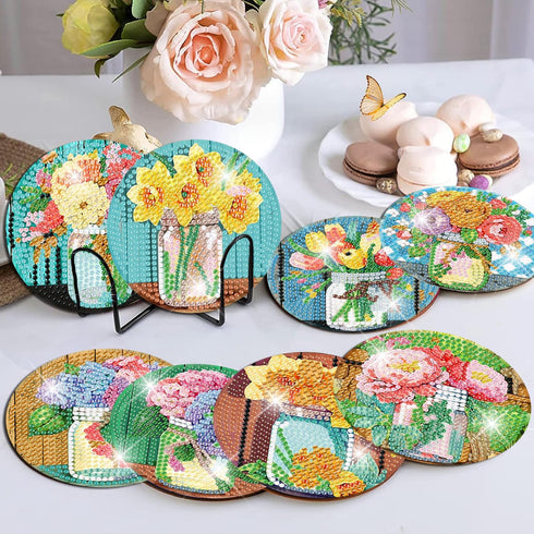 8 PCS Diamond Art Coasters-Flower Diamond Painting Coasters Kits with Holder,DIY Flowers Diamond Art Coasters Kit for Beginners Adults Art Craft S...