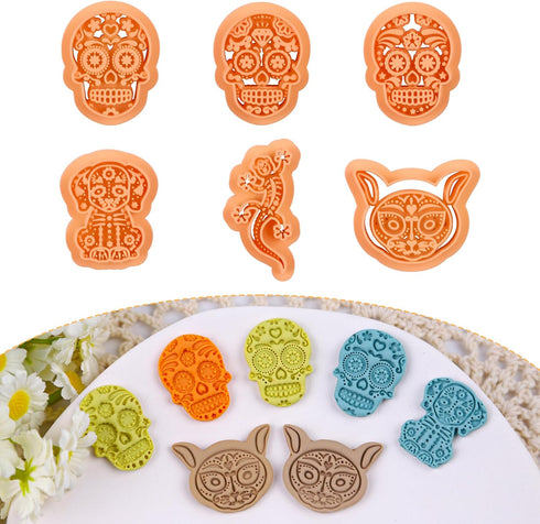 Puocaon Skull Polymer Clay Cutters - 6 Pcs Clay Cutters for Polymer Clay Jewelry, Cat Dog Skull Embossed Clay Jewelry Cutters, Day of The Dead Del...