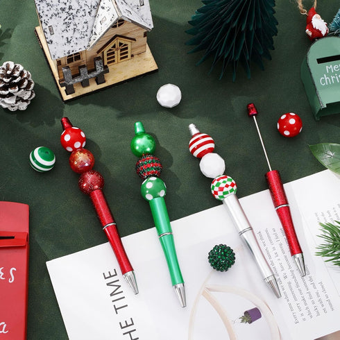 Whaline 15Pcs Christmas Beadable Pen Red Green Silver Bead Ballpoint Pen Gel Ink Pen with 50Pcs Colorful Beads 100Pcs Rhinestone Beads for Xmas DI...