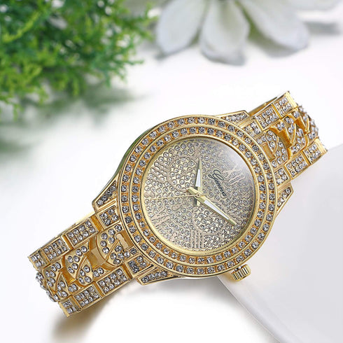 JewelryWe Men Watches Gold Tone Alloy Quartz Watch Stylish Rhinestone Business Casual Dress Wristwatches for Father's Day...