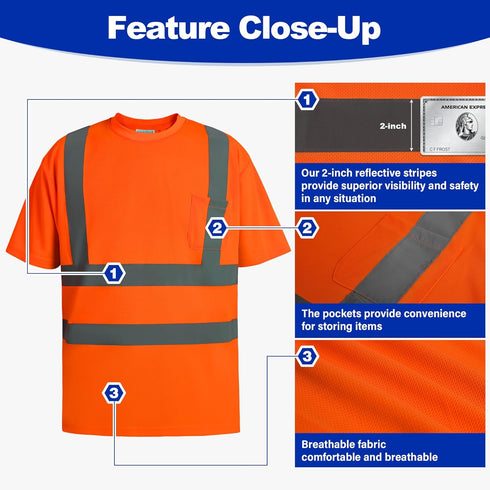 High Visibility Safety T Shirts Short Sleeve, Hi Vis Reflective Construction Work Shirts with Reflective Strips and Front Pocket, ANSI/ISEA Class ...