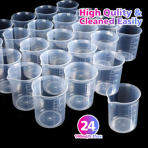 LEOBRO 24 PCS 100ml Resin Measuring Cups with 35PCS Mixing Sticks, Graduated Epoxy Resin Mixing Cups, Small Plastic Beakers, Plastic Measuring Cup...