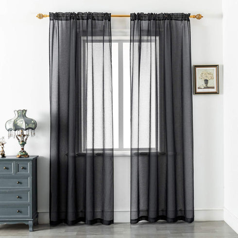 DUALIFE Black Sheer Curtains 72 Inch Length for Bed Room Set of 2 Panels Rod Pocket Faux Linen Semi Translucent Short Curtains for Office Kitchen ...