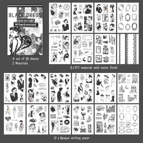 Dizdkizd Black and White Themed Elegent Women Sticker Book for Scrapbooking, Journaling, 194 Vintage Pre-Cut Stickers for Junk Journaling, Planner...