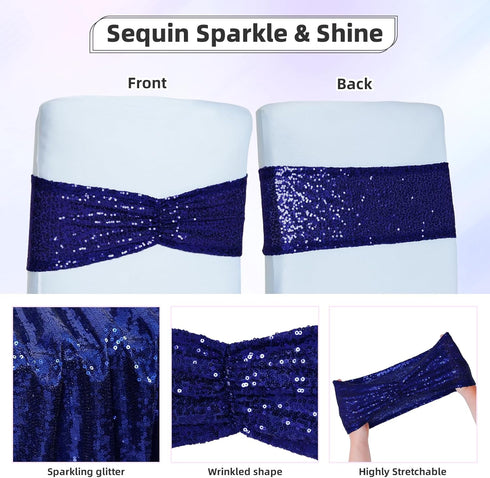Poise3EHome Sequin Chair Sashes Navy Blue Folding Chair Covers Bow for Wedding Party Reception Decorations, 10 PCS...