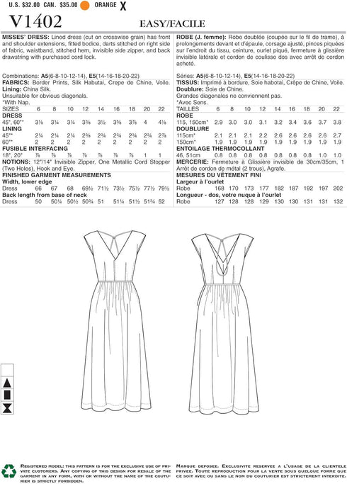 Vogue Patterns V1402 Misses' Dress Sewing Template, Size A5 (6-8-10-12-14)...