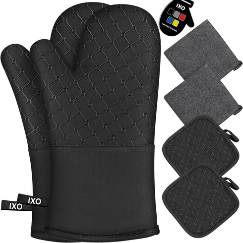 IXO 6Pcs Oven Mitts and Pot Holders, 500? Heat Resistant Oven Mitts with Kitchen Towels Soft Cotton Lining and Non-Slip Silicone Surface Safe for ...