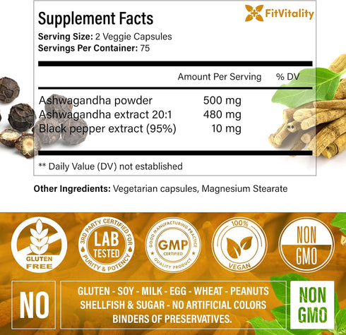 Ashwagandha Capsules, 150 Vegan Capsules, 10,100 Mg per Capsule – 100% Natural Ashwagandha Root Extract Powder and Black Pepper Extract, Non-GMO, ...