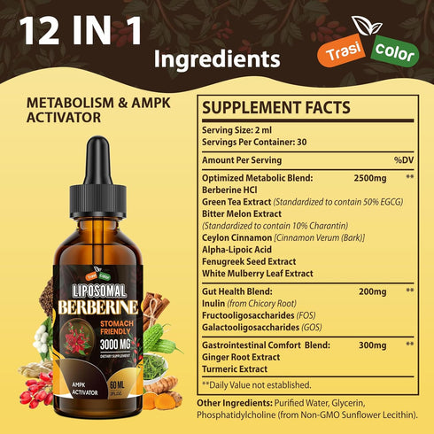 3000mg Berberine Supplement Liquid Drops - High Bioavailability Liposomal Berberine Supplements, Berberine HCL Complex with Ceylon Cinnamon Plus T...