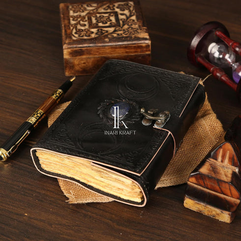 Inari Kraft 3 Moon Blue Lapiz Embossed Vintage Leather Journal | 240 Pages of Antique Handmade Deckle Edge Vintage Paper Black Leather Sketchbook ...