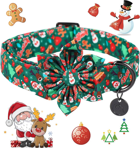 DOGWONG Christmas Holiday Dog Collar with Flower, Cute Cotton Dog Collar Green Santa Dog Collar Durable Soft Pet Dog Collar for Small Medium Large...