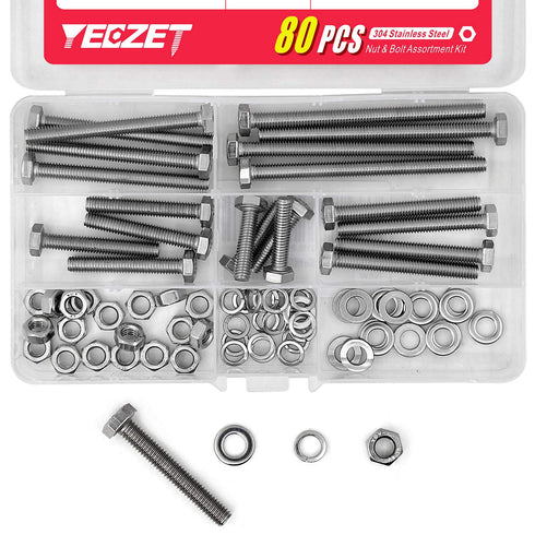 20Set M6 Stainless Steel Hex Head Screws Bolts and Nuts Flat & Lock Washers Assortment Kit, 304 Stainless Steel 18-8,Fully Machine Thread 25mm 40m...