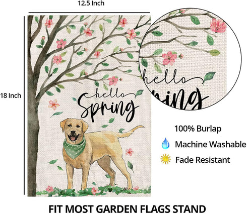 Hello Spring Dog Garden Flag 12x18 Inch Double Sided,Golden Retriever Under The Tree Small Yard Flag for Outdoor,Summer Seasonal Decors for Farmho...