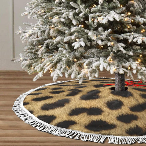 Christmas Tree Skirt 48" Inch Leopard Animal Print Xmas Tree Skirt Mat with White Tassel for Party Holiday, Tree Skirt Christmas Decorations...