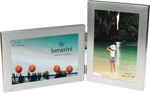 Brushed Aluminium Satin Silver Colour Twin 2 Picture Double Folding Photo Frame Gift - Takes 2 Standard 6 x 4 inch photographs (1 Landscape and 1 ...