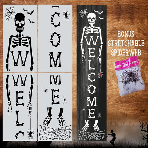 Skeleton Welcome Stencils with Spider Webs - Skeleton Stencil Templates for a Vertical Sign - Halloween Stencils for Painting on Wood, Canvas - Re...