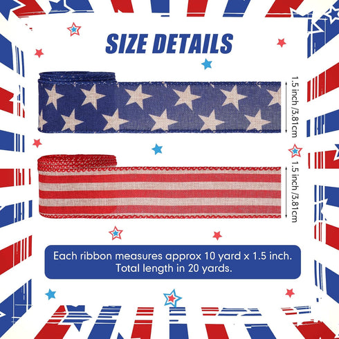 2 Rolls 20 Yard Red White and Blue Ribbon Patriotic Star and Striped Wired Ribbon Royal Blue USA Ribbon DIY Crafts for 4th of July, Independence D...