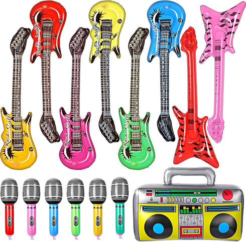 BBTO 15 Pcs Inflatable Rock Star Toy Set 23.6 Include 23.6 Inch Inflatable Rock Electric Guitar, Inflatable Bass Guitar, Inflatable Microphones, I...