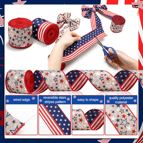 XunYee 3 Rolls Patriotic Ribbons American Flag Double Sided Star Striped Wired Ribbon Red Blue White Ribbons for Memorial Day 4th of July Independ...